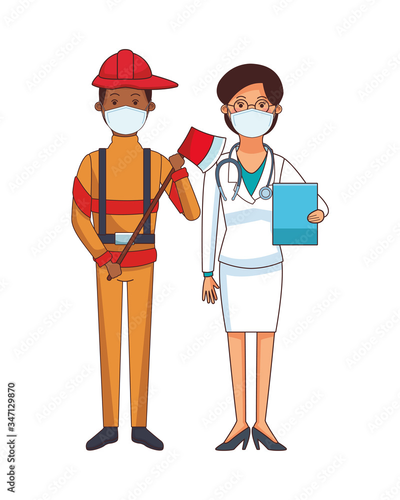 female doctor and firefighter using face mask female doctor and firefighter using face mask