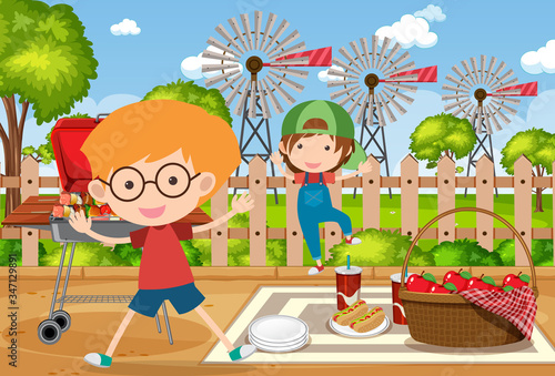 Background scene with kids eating in the park