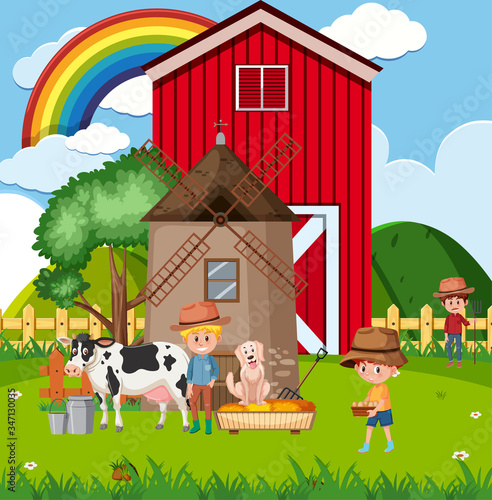 Farm scene with farmes and animals on the farm