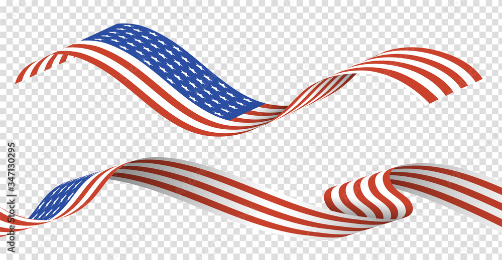 American usa flag set isolated transparent background. Illustration of waving USA flag, long flag icon, EPS10 Vector.
