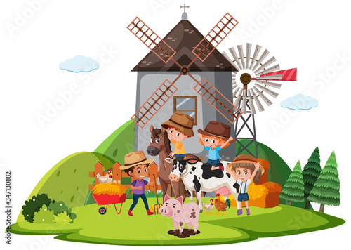 Farm scene with many children and animals on the farm