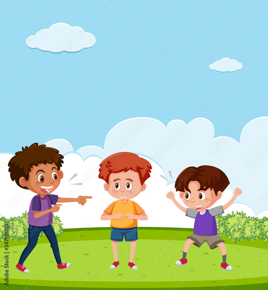 Scene with kid bullying their friend in the park Scene with kid bullying their friend in the park