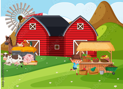 Farm scene with girl and many animals on the farm