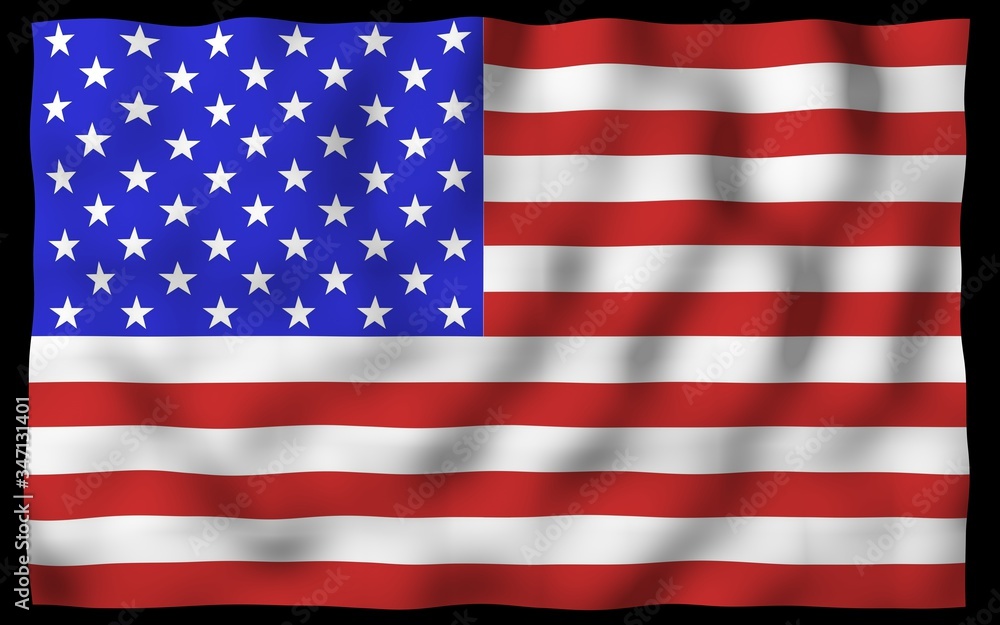 Naklejka premium Waving flag of the United States of America on a dark background. Stars and Stripes. State symbol of the USA. 3D illustration