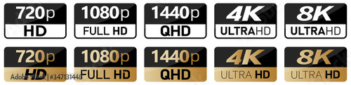 Black, white and golden video or screen resolution icons. Set from 720p to 8k