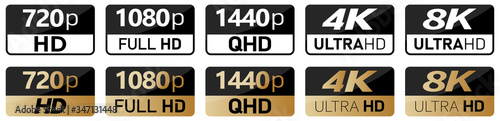 Black, white and golden video or screen resolution icons. Set from 720p to 8k photo