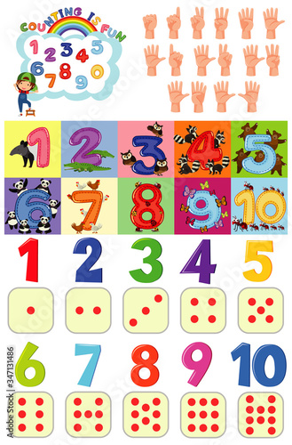 Counting numbers with hands and dots on white background