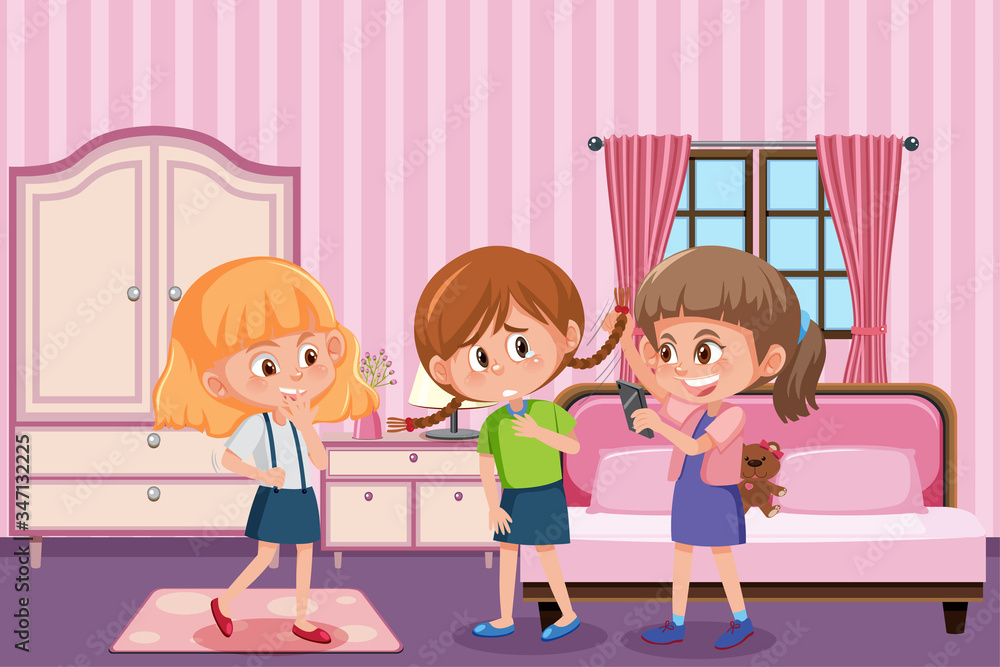 Scene with girls bullying little girl at home Scene with girls bullying little girl at home