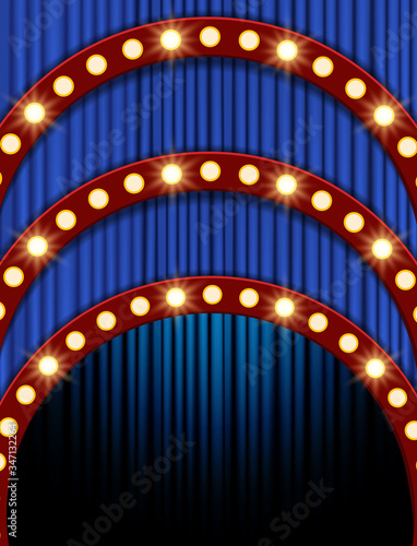 Empty scene with blue curtain and red arch