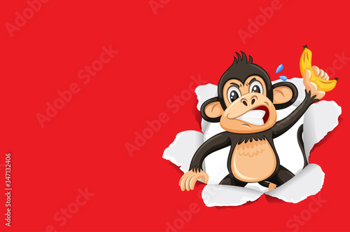 Background template design with wild monkey on red paper