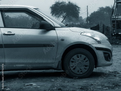 Side view of running car in high speed with motion blur Black and White