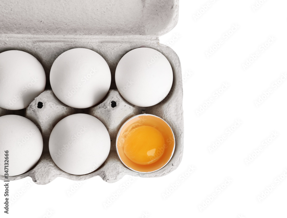 Box with chicken eggs isolated on white, top view Box with chicken eggs isolated on white, top view