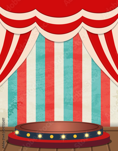 Circus striped background with vintage tent and podium. Design for presentation, concert, show