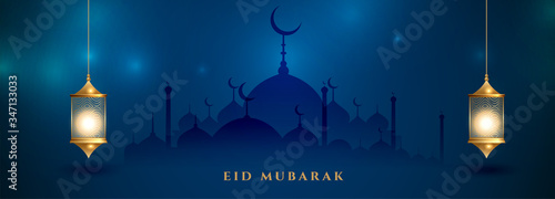 islamic eid mubarak festival blue banner design