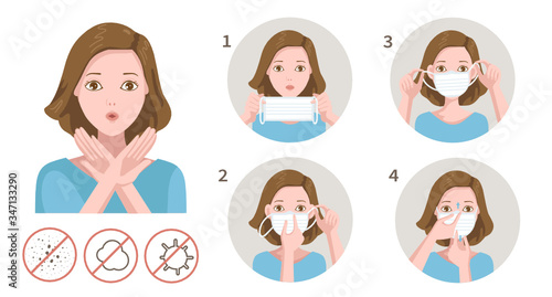 woman gag with worry gesture. Healthy of female wear protective mask against infectious diseases and flu. Stop the infection. Health care concept. Vector illustration isolated on white.