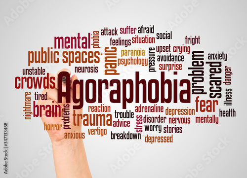 фотографія Agoraphobia fear of public spaces or word cloud and hand with marker concept