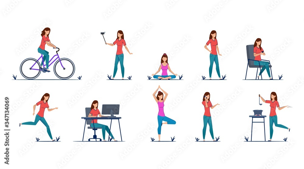 Woman riding bicycle, selfie, yoga, standing, walking, running working, cooking talking phone.