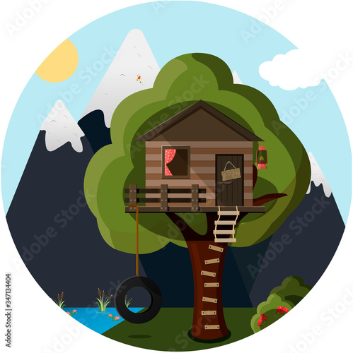 flat tree house in the forest against the background of mountains and lake. Cute vector house for children with a ladder, a tire swing and a camping lantern. Image for camping, scouts, Hiking