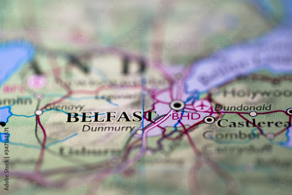 Naklejka premium Geographical map location of Belfast city in Northern Island United Kingdom Europe continent on atlas