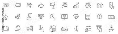 Money line icons set. Finance thin simple icons. Editable Stroke. Hand with a coin, moneybag and dollar. Contains - ATM, Piggy bank, Credit card, Coin, Wallet, Diagram and more - stock vector.