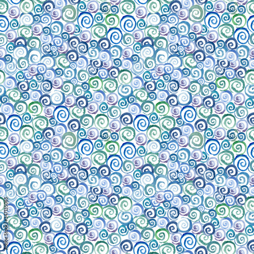 Seamless pattern with blue, green, turquoise curls on a white background. Ornament from watercolor spirals. Abstract background.