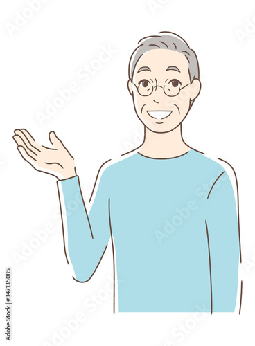 笑顔で手のひらを差し出す男性