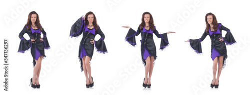 girl wearing violet and black dress isolated on white