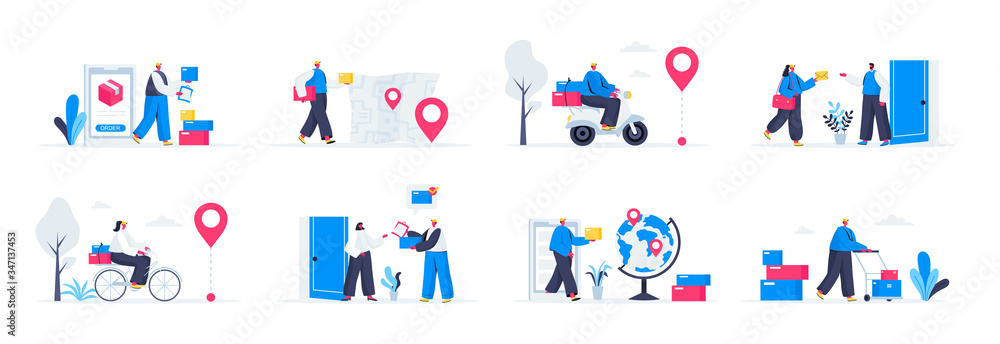 Bundle of delivery service scenes. Online order and couriers delivery at home, global shipping and logistics flat vector illustration. Bundle of express delivery with people characters in situations.