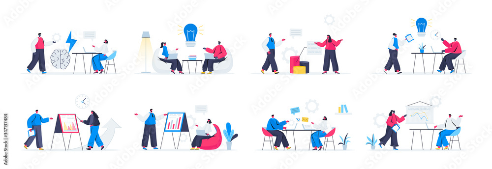 Bundle of brainstorming team scenes. Business idea generation, new solution discussion and presentation flat vector illustration. Bundle of brainstorming activities with people characters in situation Bundle of brainstorming team scenes. Business idea generation, new solution discussion and presentation flat vector illustration. Bundle of brainstorming activities with people characters in situation