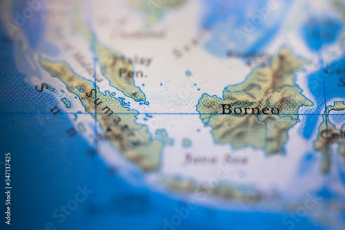 Geographical map location of Borneo island region in Asia continent on atlas
