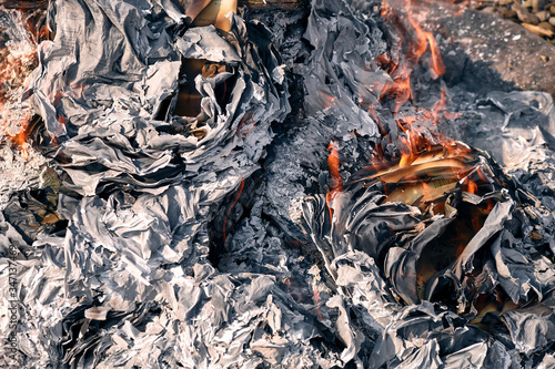 Closeup burning documents outdoors. Concept destruction by fire of evidence or correspondence.