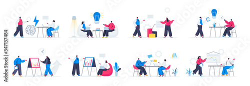 Bundle of brainstorming team scenes. Business idea generation, new solution discussion and presentation flat vector illustration. Bundle of brainstorming activities with people characters in situation