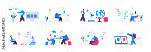 Bundle of education scenes. Distance learning program in university, students studying in library and at home flat vector illustration. Bundle of formal education with people characters in situations.