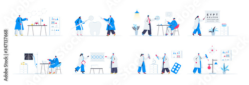 Bundle of modern medicine scenes. Laboratory diagnostics, pharmacology research, ophthalmology and stomatology flat vector illustration. Bundle of medical science with people characters in situations.