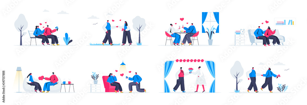 Bundle of love couple scenes. Couple having fun at date, man proposing girl to marry, wedding ceremony flat vector illustration. Bundle of romantic relationship with people characters in situations.