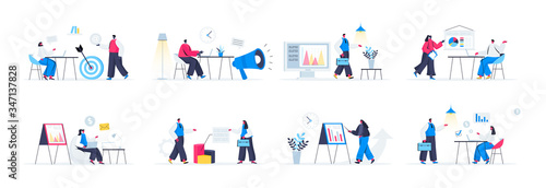 Bundle of marketing agency scenes. Marketing research and presentation, data analysis and interpretation flat vector illustration. Bundle of marketing management with people characters in situations.