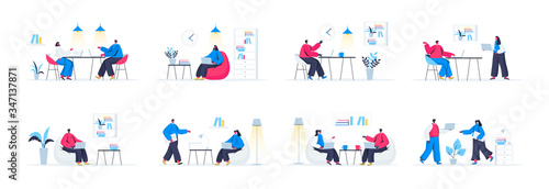 Bundle of coworking office scenes. Employees working and communicating at coworking open space area flat vector illustration. Bundle of freelancers community with people characters in situations.
