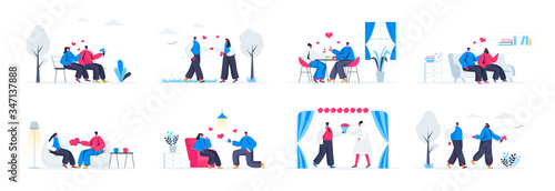 Bundle of love couple scenes. Couple having fun at date, man proposing girl to marry, wedding ceremony flat vector illustration. Bundle of romantic relationship with people characters in situations.