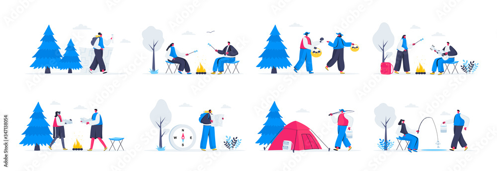 Bundle of summer camping scenes. Mushroom hunting, traveling with camping tent, play guitar near bonfire and fishing flat vector illustration. Bundle of summer camp with people characters in situation