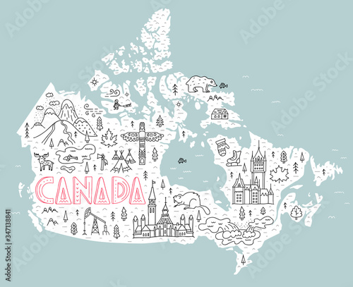 Touristic map of Canada. The main symbols, architecture, and attractions of the country in outline style. Hand-drawn vector poster with lettering on the theme of travel in Canada.