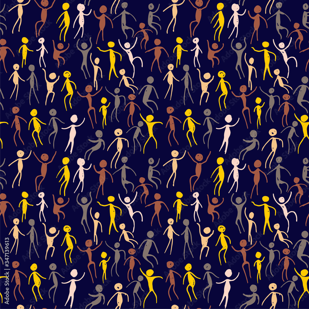 Bright dark background with painted human figures. Seamless pattern People Move. Vector illustration. Doodle figures hand drawn people. Hand draw black marker art.