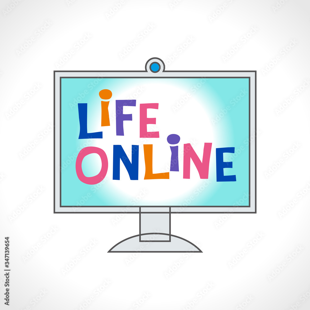 Computer monitor with the inscription life online. Life is online. Vector flat illustration. Bright letters of the logo on the screen. Computer monitor with the inscription life online. Life is online. Vector flat illustration. Bright letters of the logo on the screen.