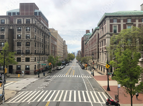 New York, USA, May 2020, Overview of Amsterdam Avenue seen from Columbia University during the Coronavirsa lockdown resulting in quiet highways.