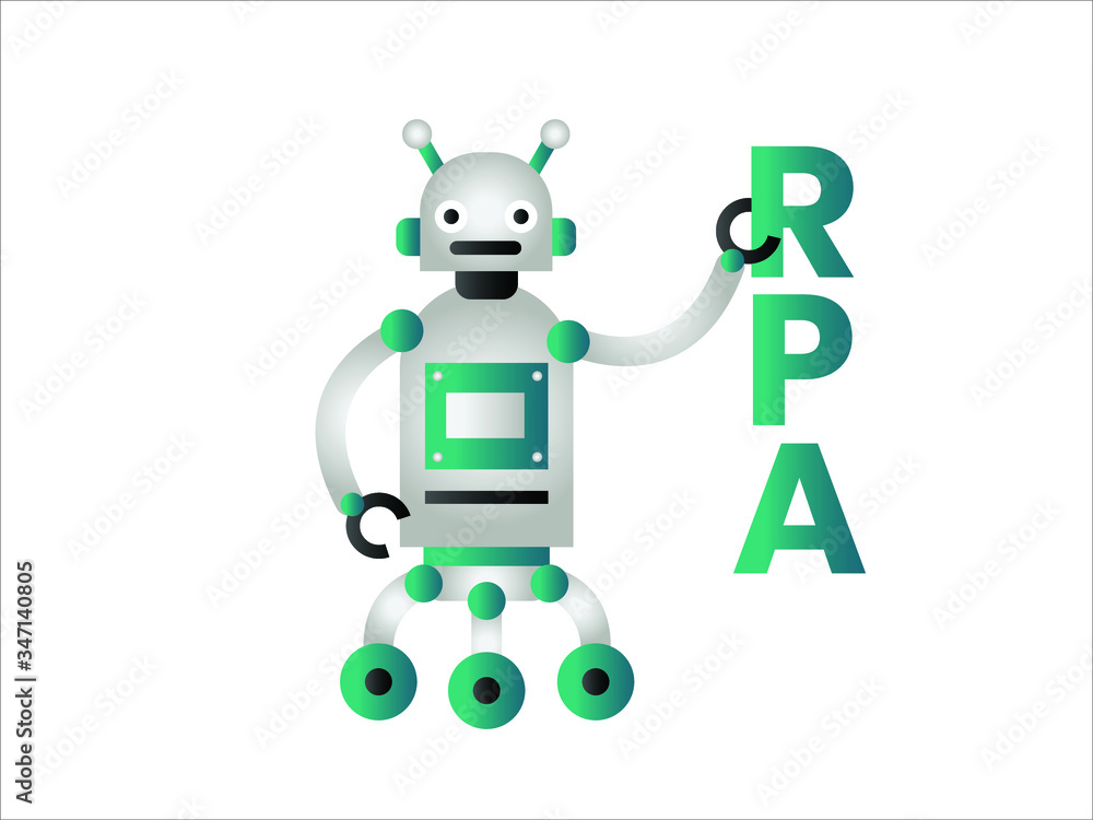 Robotic Process Automation vector concept: robot figure holding RPA letters isolated over white background Robotic Process Automation vector concept: robot figure holding RPA letters isolated over white background