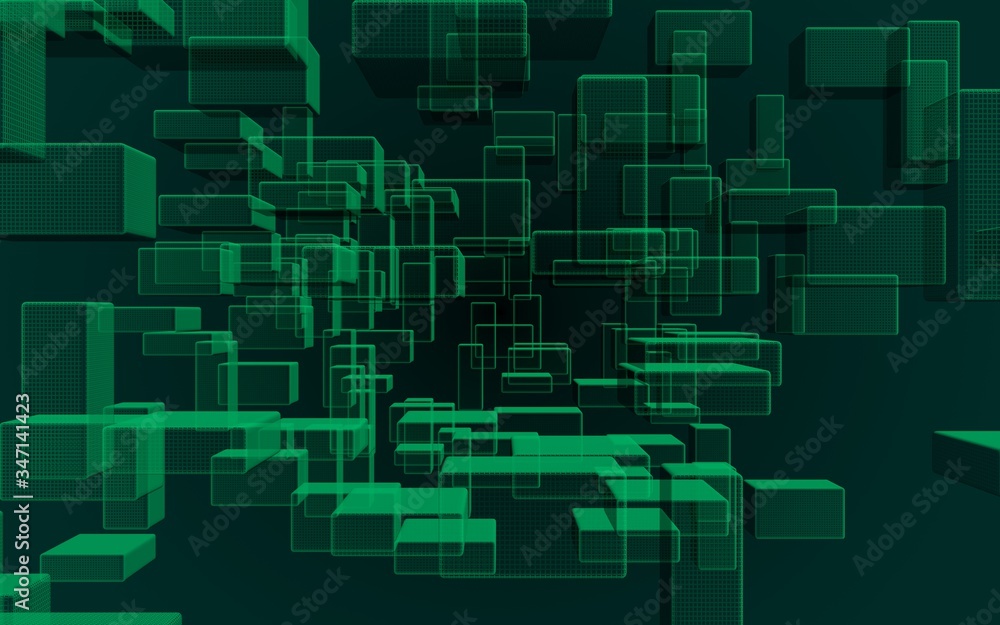 Green and dark abstract digital and technology background. The pattern with repeating rectangles. 3D illustration Green and dark abstract digital and technology background. The pattern with repeating rectangles. 3D illustration