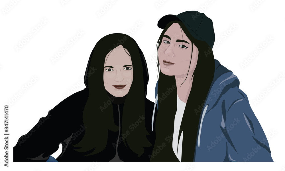 Drawing of two beautiful girls posing. White background Drawing of two beautiful girls posing. White background