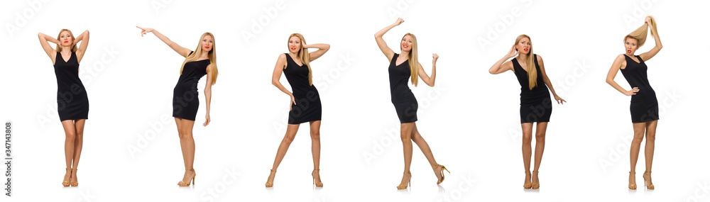 Young pretty woman in mini black dress isolated on white Young pretty woman in mini black dress isolated on white