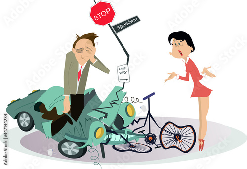 Road accident, driver, cyclist and broken bike illustration. Angry woman scolds and asks the upset driver man what to do with the broken bike isolated on white
