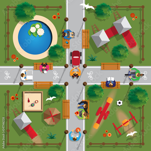 Children's playground with people. View from above. Vector illustration. 