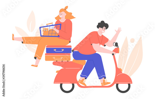 Man and woman with suitcases and a cat on a scooter. Moving, family trip. Couple riding a moped. Vector flat illustration.